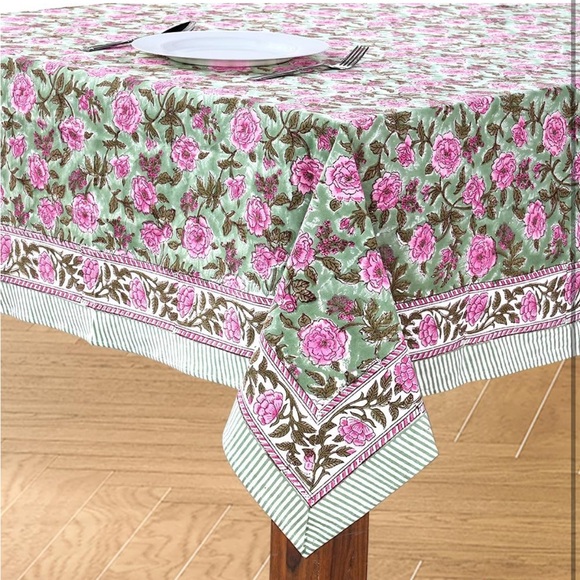 CPC NEW 100% cotton Indian block print rectangular table cloth green/pink 70x108 - Picture 2 of 7